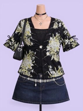 Vintage Y2K Black Floral Rhinestone Blouse Large Faux Layer Top Whimsygoth Goth